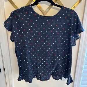 Gray blue and red dotted frilled top